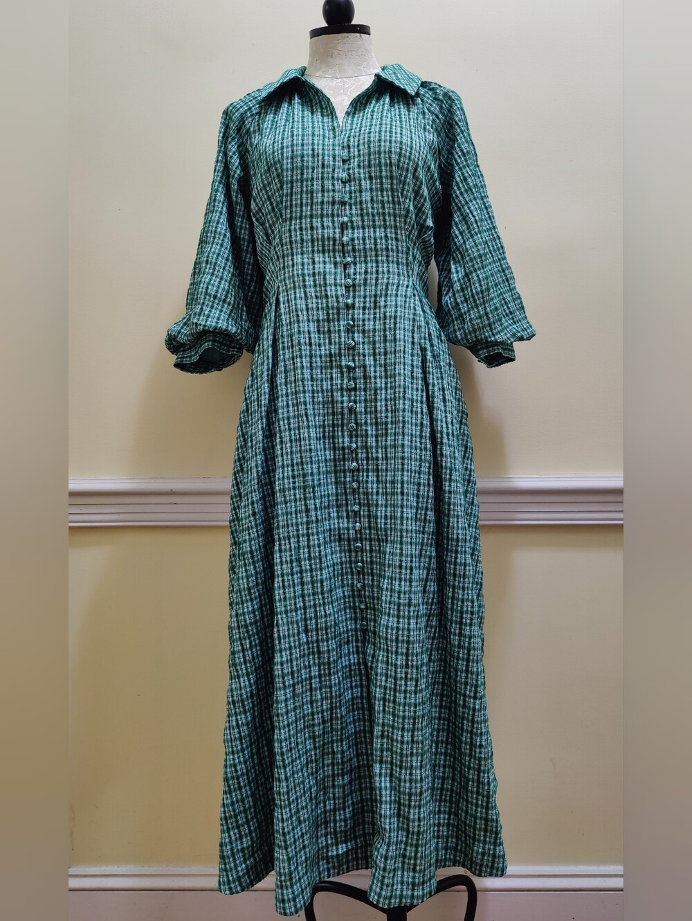 Green Plaid Button-Front Maxi Dress
